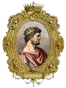 Muotokuva Rooman keisarista Konstantinus I Suuresta (274-337). Maurice Lachatren kaiverrus teokseen "Paavien-kuninkaiden-kuningattaren ja keisarien historia vuosisatojen ajan" tekijältä French School