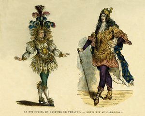 Kuningas Ludvig XIV:n (1638-1715) muotokuvia teatteriasussa ja karusellissa. Värikaiverrus, teoksessa "France et les francais a travers les centuries" Augustin Challamel, F.Royn toimittaja, Paris 1882. Selva Collection. tekijältä French School