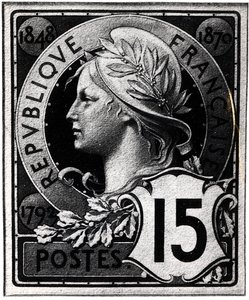Postimerkki, jossa on kuvattu Marianne, Ranskan tasavallan virallinen edustusto, n. 1893 tekijältä French School