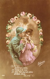 Postikortti, joka kuvaa ranskalaista sotilasta ja hänen rakastajaansa, 1914-18 (värillinen kuva) tekijältä French School