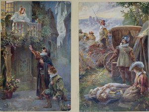 Postikortit, jotka kuvaavat Cyrano de Bergeracia Roxannen ja Christianin kuoleman kanssa, n. 1900 tekijältä French School