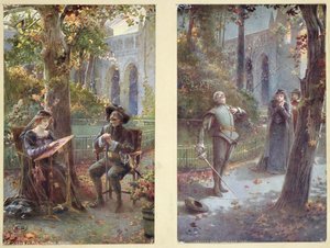 Postikortit, jotka kuvaavat Cyrano de Bergeracia Roxannen kanssa, n. 1900 tekijältä French School