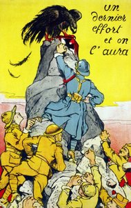 Juliste """ Vielä viimeinen ponnistus, ja se onnistuu""": liittolaiset (Ranska, USA, Venäjä jne...) saavuttavat saksalaisen kotkan kyydissä olevan kiven huipulle. Lithografia 1917. tekijältä French School