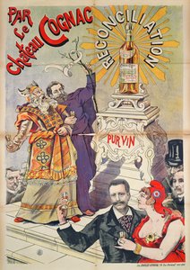 Konjakkia sovinnon edistäjänä mainostava juliste, 1890-95