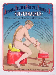 Juliste, joka mainostaa sähkölääketieteellistä vartalohieronta- ja stimulaatiolaitetta Pulvermacher, 1884