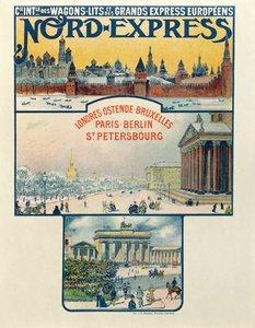 Juliste, joka mainostaa Compagnie des Wagons-Lits et des Grands Express Europeensia Lontoosta Pietariin, 1900-luvun alku