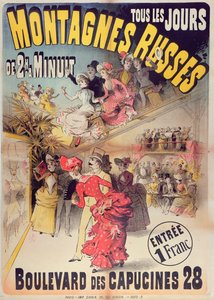 Juliste, joka mainostaa Montagnes Russes -vuoristorata Boulevard des Capucinesissa, Pariisi, 1888