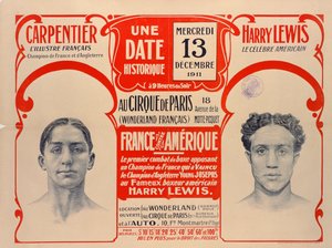 Juliste, joka mainostaa Carpentierin ja Harry Lewisin nyrkkeilyottelua, 1911