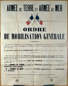Ministere de la Guerre et de la Marinen juliste, joka ilmoittaa yleisestä mobilisaatiosta Ranskassa 2. elokuuta 1914 tekijältä French School