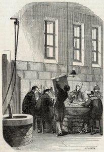 Viestit: Kirjeiden lajittelu osastoille ja ulkomaille - Kaiverrus "Tableau-de-Paris" -kirjoituksesta Edmond Texier 1852 tekijältä French School