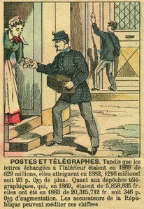 Posti ja lennätin, joka kuvaa televiestinnän ja postin hyvää toimintaa tasavallan ansiosta. Kaiverrus "Le Figaro, supplement" -lehdessä 30.3.1889, Pariisi. Coll. Selva. tekijältä French School