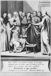 Aubiganin auttamisharjoitus ja ihmeellinen paraneminen, kuvitus teoksesta La verite des miracles de M. de Paris... kirjoittanut Louis Basile Carre de Montgeron (1686-1754) 1737 tekijältä French School