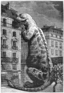 Esihistoriallinen hirviö modernissa kaupungissa, Mottyn kaivertama (1800-luku) kuvitus Camille Flammarionin Le Monde Avant la Creation de l