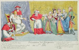 Tammojen esittely Pyhälle Isälle, karikatyyri Adelaiden (1732-1800) ja Victoire de Francen (1733-99) esittelystä paaville, 17. huhtikuuta 1791 tekijältä French School