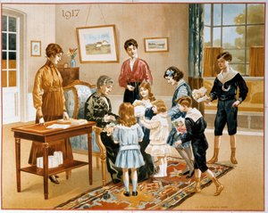 Iäkäs nainen antaa lahjoja sisäoppilaitoksen lapsille. tekijältä French School