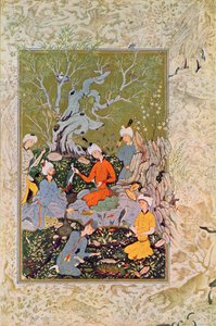 Prinssi metsästää haukkojen kanssa, kuvitus elokuvalle The Arabian Nights, 1895 (värikaiverrus) tekijältä French School