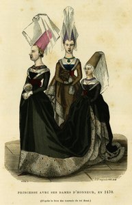 Prinsessa kunniakuningattariensa kanssa, noin vuonna 1470. Värikaiverrus kuningas Renen turnajaiskirjan mukaan, teoksessa "France et les francais a travers les siecles", Augustin Challamel, F.Roy, Pariisi 1882. Selvan kokoelma. tekijältä French School