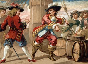 Sotamies Jean Bart (1650-1702) uhkasi englantilaista yksityismiestä, joka otti hänet vangiksi, uhkaamalla tätä räjäyttää aluksensa syttämällä ruutitynnyrin tuleen. 1800-luvun lopun kromolitografia tekijältä French School
