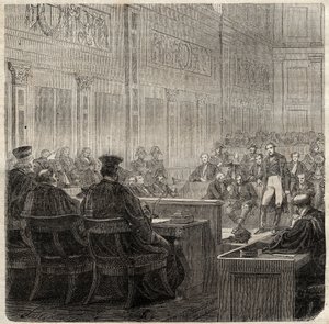 Kenraali Jean Baptiste Bretonin (Jean-Baptiste) dit Bertonin (1769-1822) Poitiersin kuninkaallisen tuomioistuimen prosessi vuonna 1822 - tekijältä French School