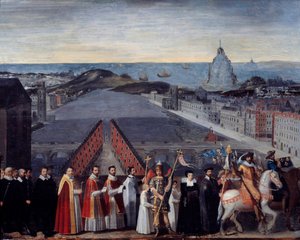 Saint Michel du Mont sur le Pont Neuf Anonymous -maalauksen pelerinien pariisilaisen hillon kulkue. 17. vuosisata. Mitat 0,80 x 1,05 m Pariisi, Musee Carnavalet tekijältä French School