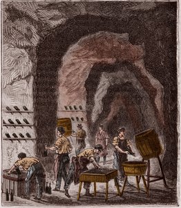 Samppanjan tuotanto - Fabrication du Champagne - Kaiverrus "Kaikkien saatavilla olevat tieteet - fysiikka ja kemia", kirjoittaja Alexis Clerc - 1800-luvun loppu - Yksityinen kokoelma tekijältä French School