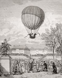 Professori Jacques Charles ja Nicolas-Louis Robert lentävät maailman ensimmäisellä miehitetyllä vetypallolla 1. joulukuuta 1783 Pariisin Tuilleries Gardensissa, Histoire de Francesta, julkaistu noin 1880 (kaiverrus) tekijältä French School