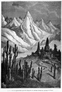 Kuvitteellinen projektio Venuksen maisemasta - Camille Flammarionin "Les Terres du Ciel" -kirjassa, toim. Marpon & Flammarion, Pariisi tekijältä French School