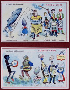 Kampanja- ja koulutuskortit lapsille, jotka kuvaavat Maine-et-Loiren ja Loir-et-Cherin alueiden erikoisuuksia, n. 1910 tekijältä French School