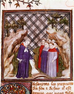 Lähteiden ja jokien ominaisuudet Miniatyyri otettu Englannin Barthelemyn "Asioiden ominaisuuksien kirjasta" (De proprietatibus rerum), kääntänyt Jean Corbichon 1400-luku. Reims, kaupunginkirjasto tekijältä French School