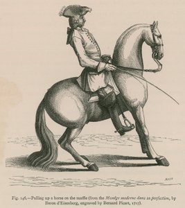 Hevosen nostaminen snafflella (Manege moderne dans sa perfection, Baron dEisenberg, kaiverrus Bernard Picart, 1727) tekijältä French School