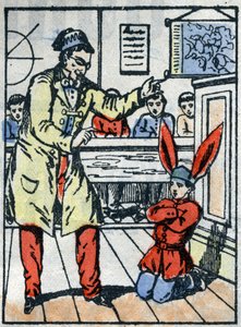 Rangaistus koulussa: Oppilasta rangaistiin aasinlakalla puhumisesta tovereidensa kanssa. Epinaalikuvaus 1800-luvun lopulta. tekijältä French School