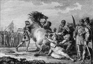 Brunehautin rangaistus, 613: Brunehaut tai Brunehilde (543-613), Austrasian kuningatar, kiinnitetään lannistumattoman hevosen häntään ennen kuin hänet raahataan maahan. Kaiverrus 1700-luvulta. tekijältä French School