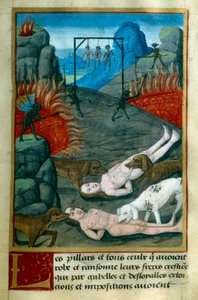 Varkaille ja ryöstäjille varattu rangaistus helvetissä: heidät hirtetään, poltetaan ja koirat syövät heidät. Pienoiskuva Jean Gersonin (1363-1429) teoksesta "Le Tresor de Sapience" 1400-luvulta Chantilly, Musee Conde. tekijältä French School