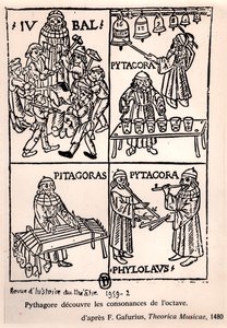 Pythagoras (n. 580-500 eKr.) löytää oktaavin konsonanssit, Franchino Gaffurion teoksesta Theorica Musicae, joka julkaistiin ensimmäisen kerran vuonna 1480, Revue de lHistoire du Theatre, 1959 (bw-kuva) tekijältä French School
