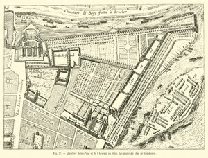 Saint-Paulin ja Arsenalin alue vuonna 1650, faksimile Gomboustin suunnitelmasta tekijältä French School