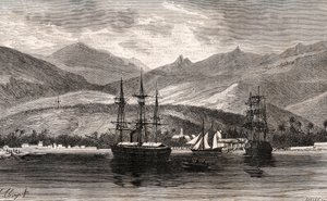 Rade de Taiti - Tahiti - kaiverrus V.A. Malt-Brownin kirjaan "La France illustrée: maantiede, historia, tilastohallinto". 1884 tekijältä French School