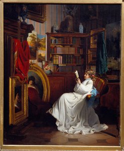 Lukee tyttöä lukemassa kirjaa toimistossa. Ranskalaisen koulun maalaus. 1800-luvun yksityinen kokoelma tekijältä French School