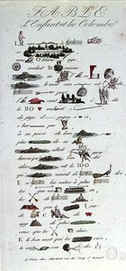 Rebus, joka kuvaa Satua Lapsesta ja Kyyhkystä, 1800-luvun alku (värikaiverrus) tekijältä French School