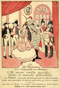 Michelinin renkaita koskeva takaisinkutsu 1914. La Vie Parisienne tarkistetaan ja täydennetään Bibendumilla: "Minä olen oppaanne loistavassa maailmassa, sillä isäni Michelin antaa teille maailman kauneimman automatkailuorganisaation". Seinällä on kehys, jo tekijältä French School
