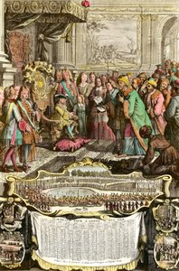Ludvig XV vastaanottaa Mehemet Effendin, suuren sulttaani Achmetin turkkilaisen suurlähettilään 21. maaliskuuta 1721 Tuilerioissa. Kaiverrus 1700-luvulta. Yksityiskokoelma. tekijältä French School