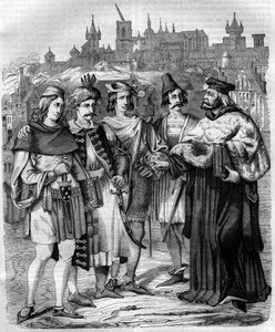 Rehtori ja eri kansojen opiskelijat Prahan yliopistossa 1600-luvulla. Kaiverrus vuodelta 1852. tekijältä French School