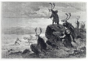 Poronmetsästys kivikaudella, kuvitus LHomme Primitifistä, Louis Figuier (1819-94), julkaissut Hachette, 1870 tekijältä French School