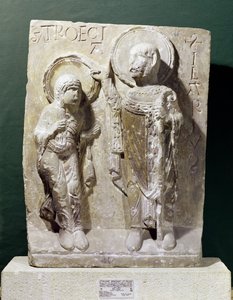 Reliefi, joka kuvaa Pyhän Hilary Poitiersin (320-368) siunausta St. Triaisea, noin 1150 tekijältä French School