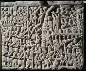 Simon de Montfortin (n. 1160-1218) Carcassonnen piiritystä kuvaava reliefi vuonna 1209 tekijältä French School