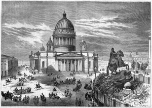 Uskonnollinen arkkitehtuuri: näkymä Pyhän Iisakin (1819-1858) ortodoksisesta kirkosta Pietarissa (Pietari) Venäjällä, rakennettu arkkitehti Ricard de Montferrandin (1786-1858) suunnitelmien mukaan. Oikealla on Pietarin ratsastuspatsas tekijältä French School