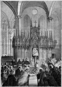 Uskonnollinen taide: Notre Dame du Pillar -patsas tai "" Virgo Noire"" (noin 1540) Chartresin katedraalissa (Eure et Loire, 28) vuonna 1858. Kaiverrus "" Le Monde Illustré" -julkaisussa nro 89 25. joulukuuta 1858. tekijältä French School