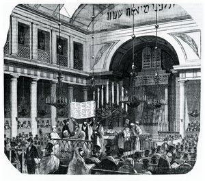 Uskonnollinen seremonia vanhassa Pariisin synagogassa Rosh Hashanalle, kuvitus Le Tableau de Parisista, Edmond Texier, julkaistu Pariisissa, 1852 tekijältä French School