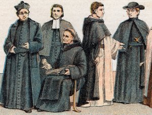 Uskonnolliset puvut: g a d:sta muotokuva jesuiitasta, isä Mariste (Marcellin Champagnat), benediktiinimunkki, dominikaaninen munkki ja oblaatti - Kaiverrus - Uskonnolliset puvut: vasemmalta oikealle, muotokuva jesuiitista, maristiveljestä, benediktiiniläis tekijältä French School