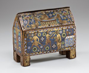Reliquary chasse, joka kuvaa Thomas Becketin marttyyrikuolemaa, Limoges, n. 1210 (kupariseos ja emali puuytimen päällä)