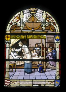 René de Neval, kuninkaan luutnantti ja takapenkin eversti Ala-Bretagnessa, kuoli 13.4.1676 täynnä ansioita ja hyveitä Nevalin linnassaan vasalliensa huutamana - St Germainin kirkon lasimaalaukset v. Kerlaz tekijältä French School